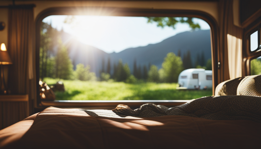 An image showcasing a cozy camper parked amidst breathtaking natural scenery, with open doors revealing a neatly organized living space