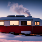 An image capturing the serene beauty of a snow-covered camper nestled in a winter wonderland, emanating warmth from its glowing windows, with smoke spiraling from a chimney as it blends harmoniously with the snowy landscape