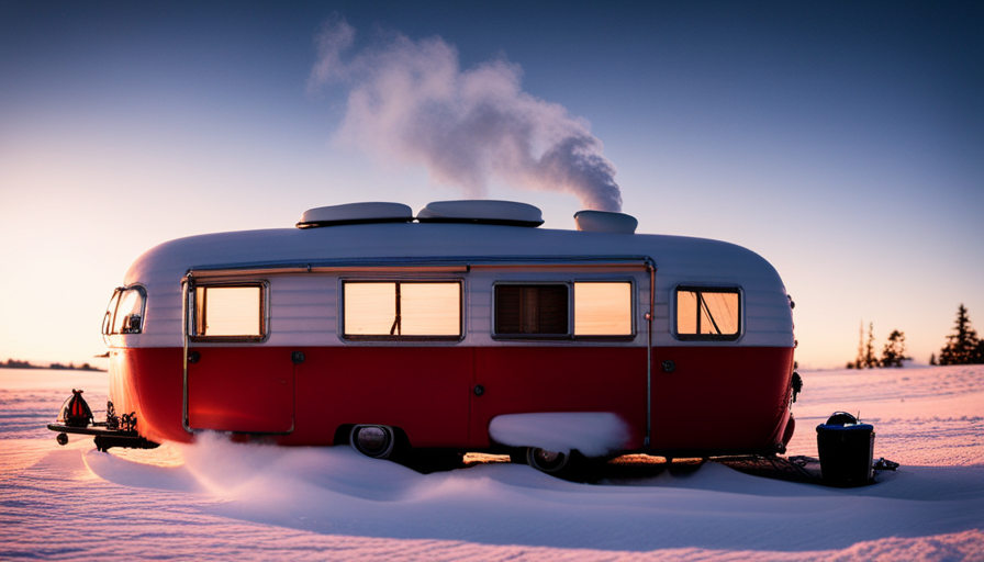 An image capturing the serene beauty of a snow-covered camper nestled in a winter wonderland, emanating warmth from its glowing windows, with smoke spiraling from a chimney as it blends harmoniously with the snowy landscape