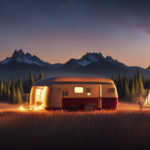 An image showcasing a serene, secluded landscape with a rustic camper nestled among towering pine trees