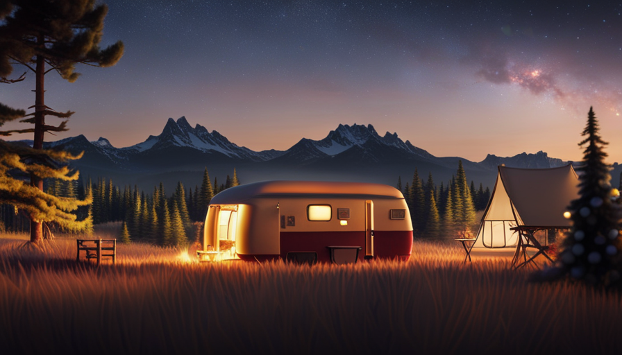 An image showcasing a serene, secluded landscape with a rustic camper nestled among towering pine trees