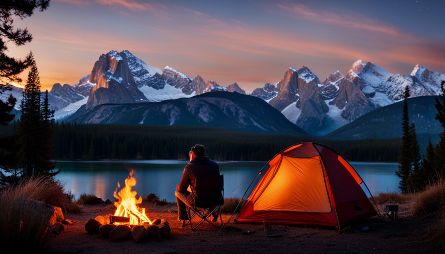 An image showcasing a cozy camper parked amidst serene nature, with snow-capped mountains in the background