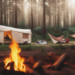 An image showcasing a cozy camper nestled amidst towering pine trees, with a crackling campfire outside