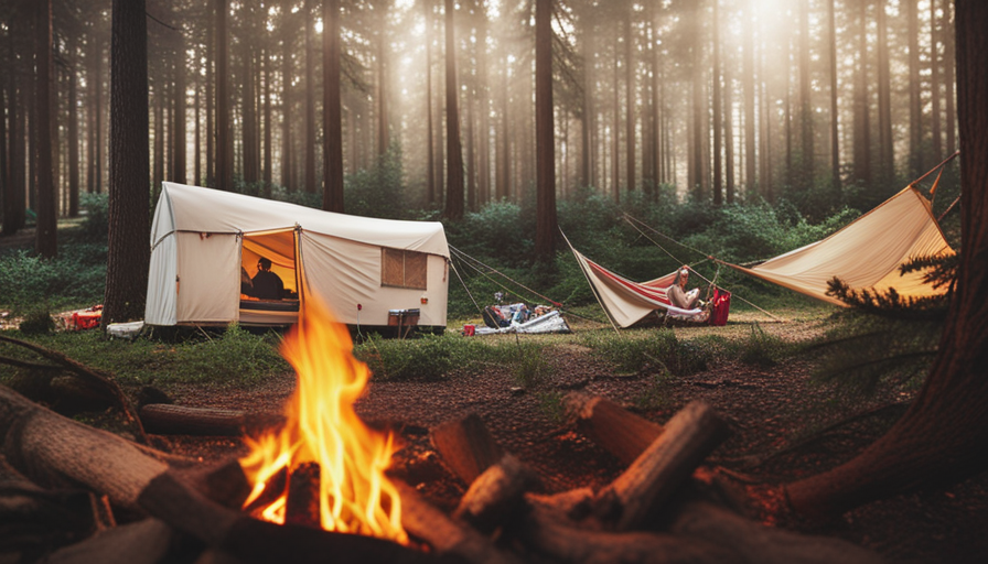 An image showcasing a cozy camper nestled amidst towering pine trees, with a crackling campfire outside