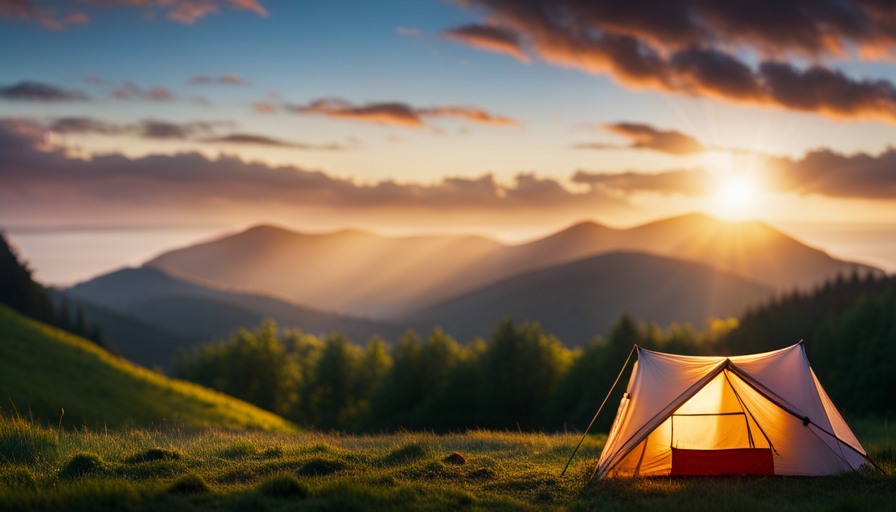 An image capturing the essence of full-time camper living: a cozy, compact space adorned with twinkling string lights, a crackling campfire outside, and a serene backdrop of lush green forests or mesmerizing coastal scenery