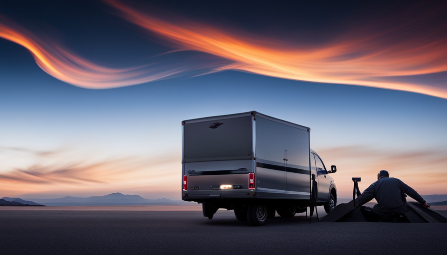 An image of a truck bed with a sturdy ramp extended from it, leading up to a truck camper