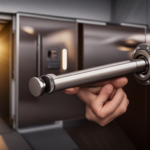 An image of a camper door interior with a sturdy deadbolt lock engaged, showing a close-up of the lock mechanism, latch securely fastened, and a hand turning the lock handle