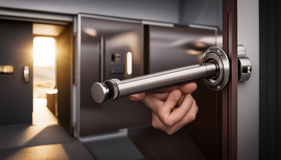 An image of a camper door interior with a sturdy deadbolt lock engaged, showing a close-up of the lock mechanism, latch securely fastened, and a hand turning the lock handle