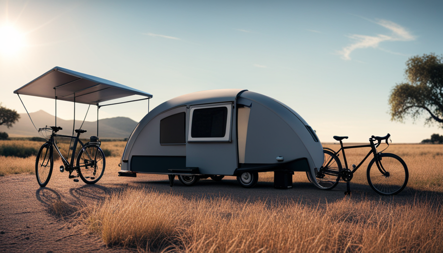 An image showcasing a compact bicycle camper: a sleek, aerodynamic structure attached to a bicycle frame