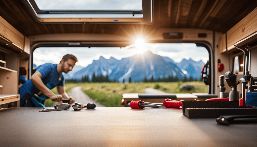 An image that showcases a hands-on step-by-step guide to building a camper van, featuring a well-lit workshop, tools neatly arranged on a workbench, and a partially assembled van with insulation, solar panels, and wooden cabinetry taking shape