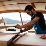 An image showcasing the step-by-step process of crafting a teardrop camper: a woodworker skillfully shaping the sleek body, attaching curved windows, mounting sturdy wheels, and finally, a cozy interior with a snug sleeping area and compact kitchenette