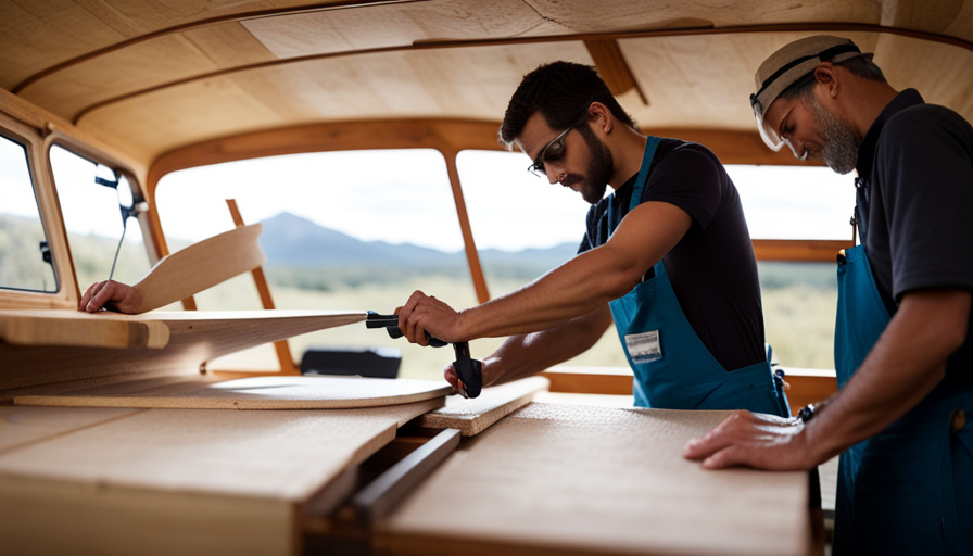 An image showcasing the step-by-step process of crafting a teardrop camper: a woodworker skillfully shaping the sleek body, attaching curved windows, mounting sturdy wheels, and finally, a cozy interior with a snug sleeping area and compact kitchenette
