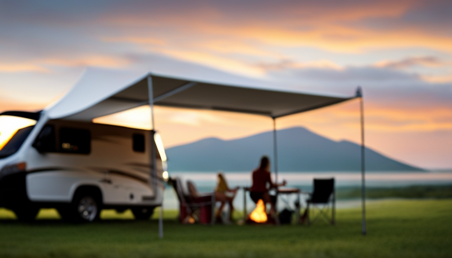 An image showcasing a camper surrounded by a custom-made, retractable awning