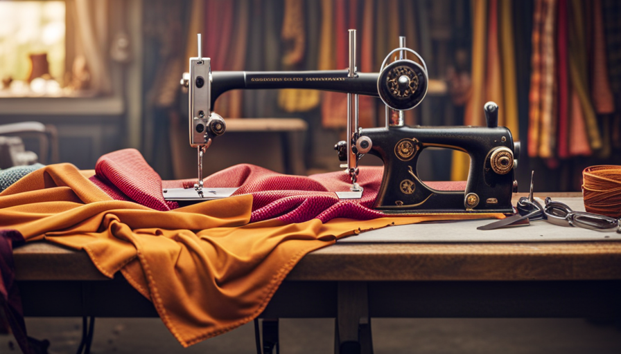 An image capturing the process of sewing camper curtains: a hands-on shot of a sewing machine stitching vibrant fabric, with contrasting patterns lying nearby, and a measuring tape and scissors scattered across a worktable