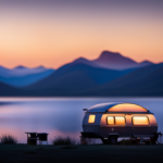 An image showcasing a camper at dusk, parked by a serene lake, with its running lights gracefully illuminating the surroundings