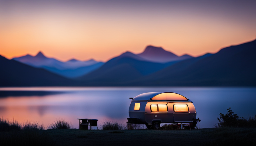 An image showcasing a camper at dusk, parked by a serene lake, with its running lights gracefully illuminating the surroundings