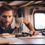 An image showcasing a step-by-step guide on crafting a camper: a person measuring and cutting wooden panels, assembling the frame, attaching windows, insulating walls, installing electrical components, and finally, painting the cozy interior