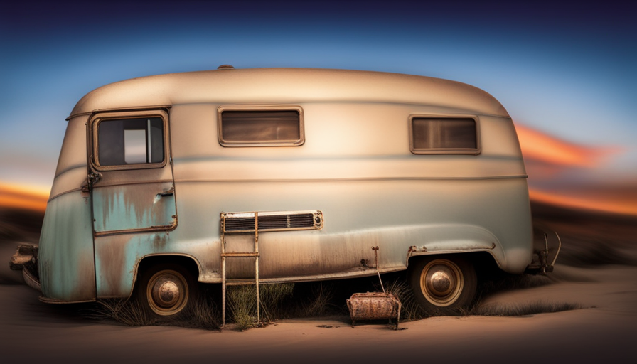 An image of a weathered camper covered in layers of grime and dirt, with faded paint peeling off