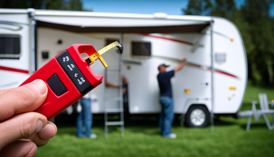 An image showcasing a person holding a tape measure against a fully extended camper awning, capturing the exact measurements with precision