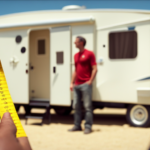 An image showcasing a person using a measuring tape to measure the length, width, and height of a camper