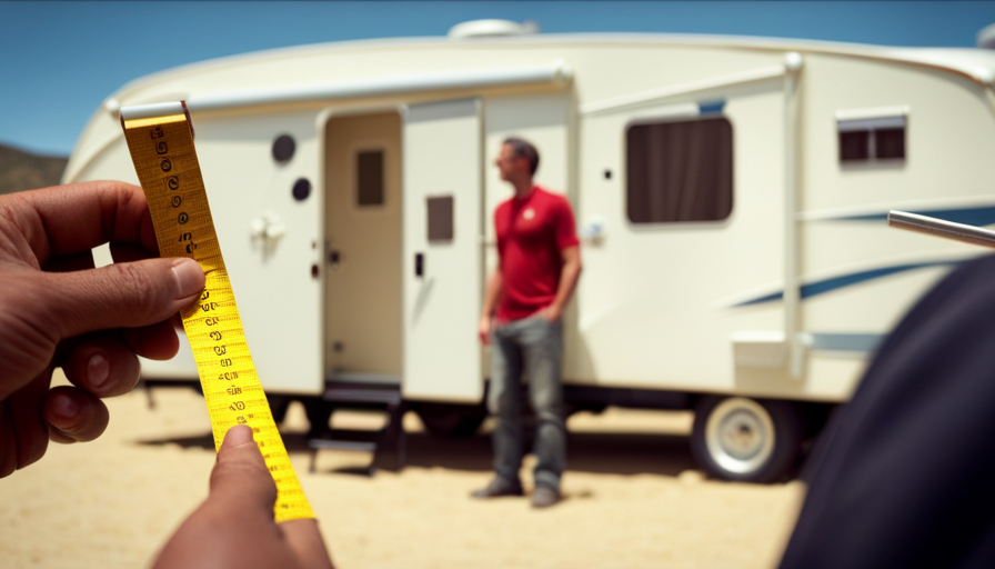 An image showcasing a person using a measuring tape to measure the length, width, and height of a camper