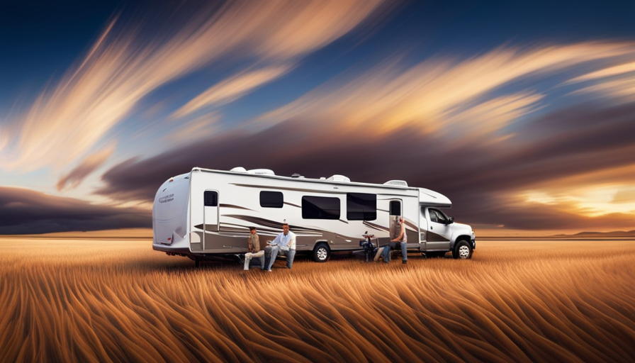 An image capturing a powerful tractor hitched to a sturdy 5th wheel camper
