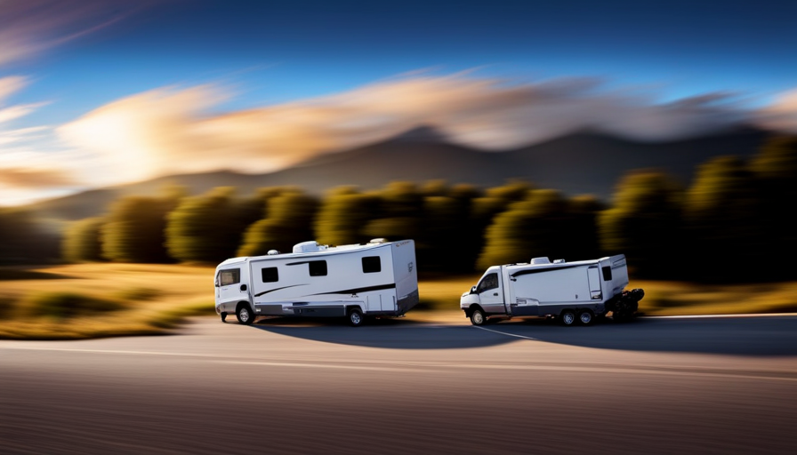 An image that captures the step-by-step process of hitching a 5th wheel camper to a truck: a sturdy hitch locking into place, safety chains connecting, and the truck steadily pulling forward as the camper follows suit