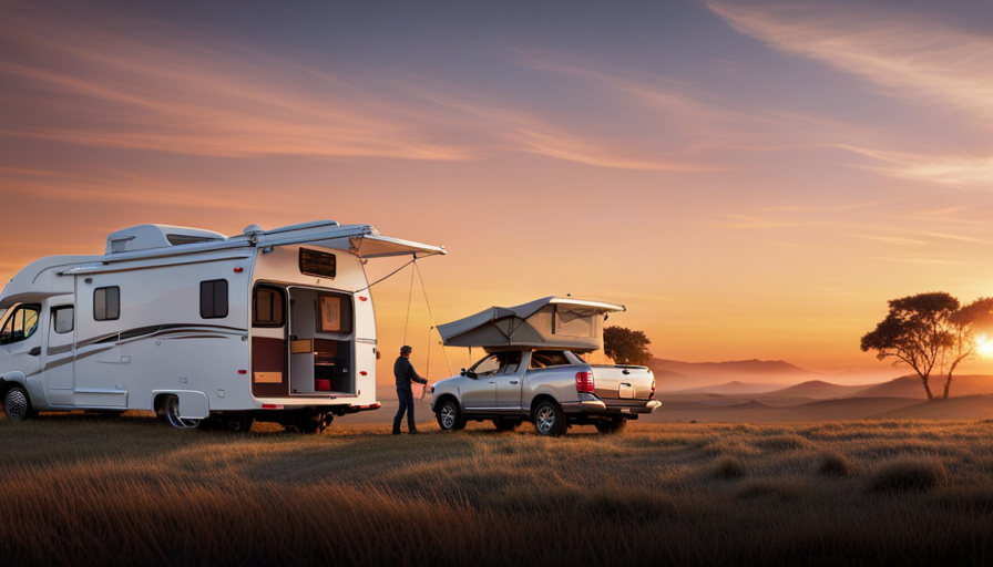 An image showcasing a compact car with a sturdy roof rack, effortlessly transporting a truck camper