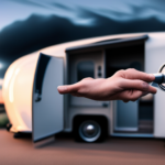 An image capturing a person's hand reaching towards a sleek, silver camper door handle from inside