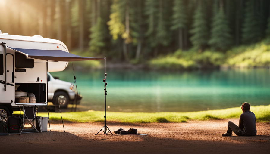 An image capturing a sunny campground scene with a camper, illustrating a step-by-step guide on opening the awning
