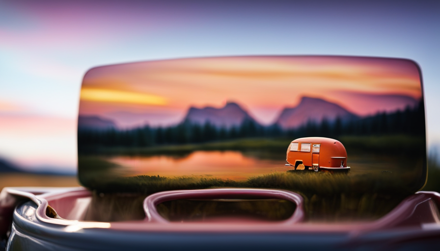 An image showcasing a fiberglass camper shell painted flawlessly with a glossy coat of vibrant colors, displaying smooth brush strokes, meticulous detailing, and a reflection of the surrounding scenery for a step-by-step guide on painting fiberglass camper shells