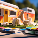 An image showcasing a vibrant, sunlit outdoor scene with a pop-up camper being transformed into a work of art