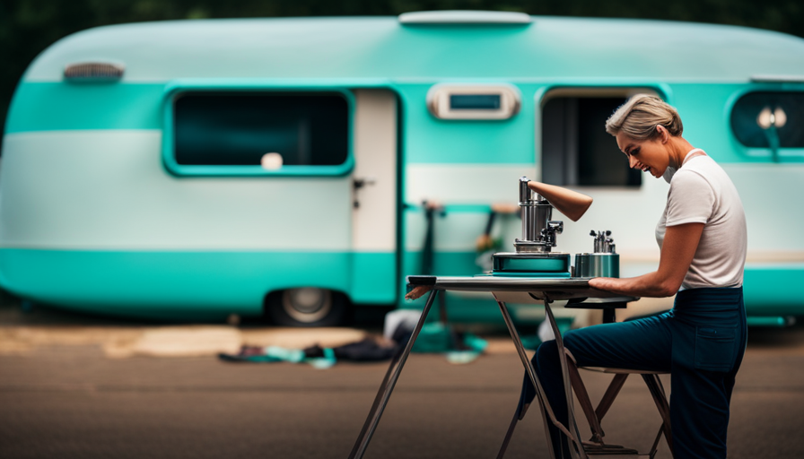 An image capturing an artist meticulously applying a glossy coat of vibrant turquoise paint onto the sleek, streamlined exterior of a vintage camper, showcasing the step-by-step process of transforming its appearance