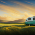 An image showcasing a vibrant, sunny day with a camper parked in a lush green field