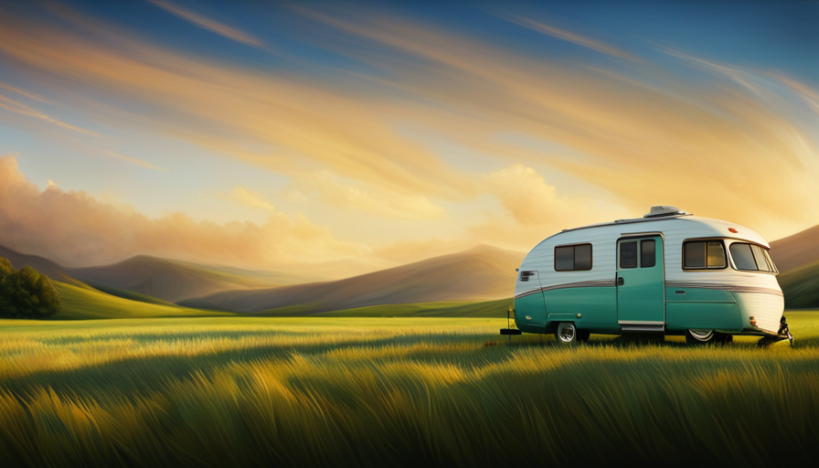 An image showcasing a vibrant, sunny day with a camper parked in a lush green field