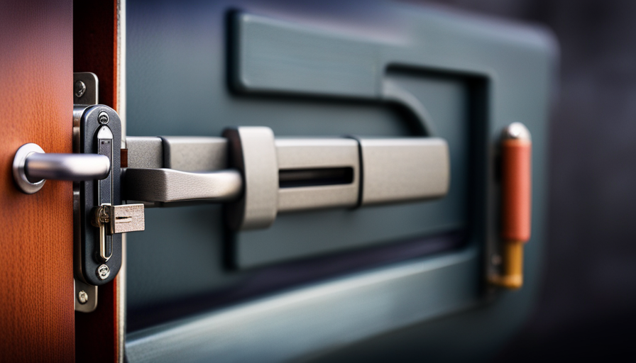 An image showcasing a close-up view of a camper door with a variety of lock picking tools, illustrating the step-by-step process of picking a camper door lock