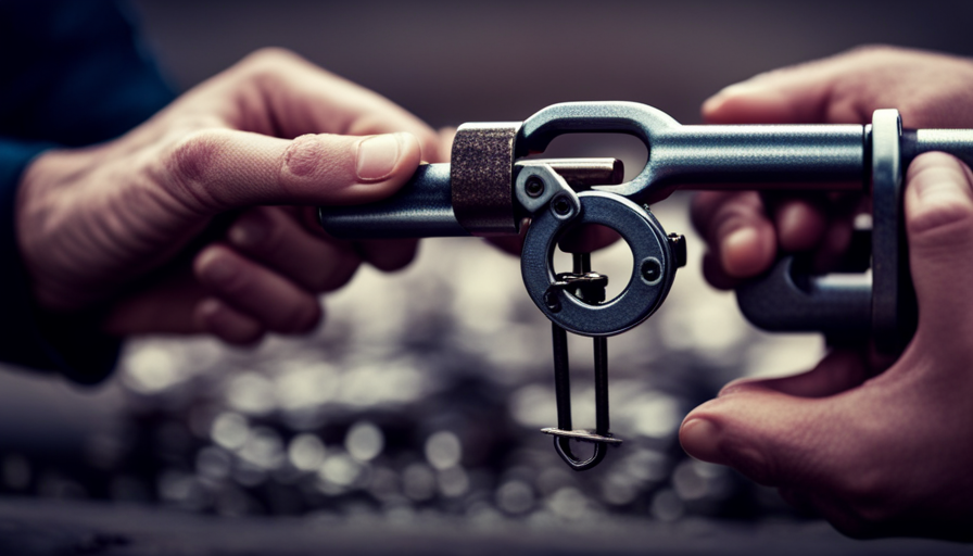 An image showcasing a close-up of skilled hands skillfully maneuvering a tension wrench and delicate picks inside a camper lock