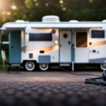 An image depicting a camper parked next to a house, with a sturdy electrical extension cord neatly plugged into a designated outdoor power outlet, showcasing the proper connection technique for safely powering the camper from the house