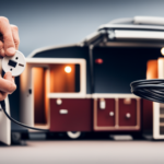 An image capturing the step-by-step process of plugging in a camper: a hand gripping a heavy-duty extension cord, connecting it to a weatherproof electrical outlet, and finally, inserting the plug into the camper's designated power inlet