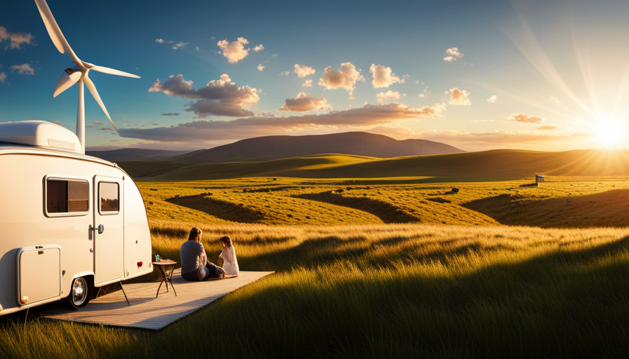 An image displaying a sun-soaked camper surrounded by a serene landscape, adorned with solar panels on the roof, a wind turbine nearby, and a freshwater stream flowing alongside, showcasing the perfect harmony of off-grid power sources