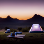 An image showcasing a scenic campsite at dusk, where a camper is connected to a solar panel on the roof, charging batteries