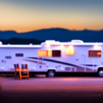 An image that showcases a well-maintained camper parked in a picturesque location, surrounded by eager buyers admiring its spacious interior, glossy exterior, and the mesmerizing sunset backdrop