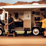An image capturing the process of selling a camper privately: A well-maintained, gleaming camper parked in a picturesque location, surrounded by potential buyers inspecting it, negotiating prices, exchanging keys, and shaking hands
