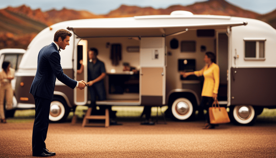 An image capturing the process of selling a camper privately: A well-maintained, gleaming camper parked in a picturesque location, surrounded by potential buyers inspecting it, negotiating prices, exchanging keys, and shaking hands