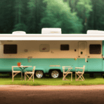 An image showcasing a spacious, sleek camper trailer parked in a picturesque camping site surrounded by lush greenery