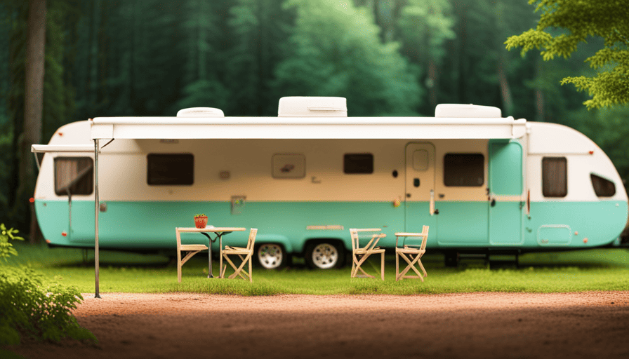 An image showcasing a spacious, sleek camper trailer parked in a picturesque camping site surrounded by lush greenery
