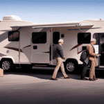 An image featuring a camper parked in front of a bustling DMV office, with a worried owner handing over lien release documents to a confident buyer, showcasing the process of selling a camper with a lien