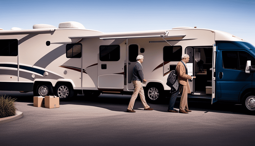 An image featuring a camper parked in front of a bustling DMV office, with a worried owner handing over lien release documents to a confident buyer, showcasing the process of selling a camper with a lien