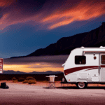 An image showcasing a camper parked in a picturesque location, with a "FOR SALE" sign on the door