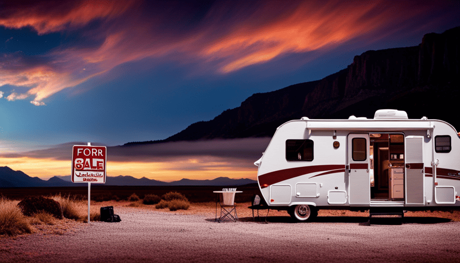 An image showcasing a camper parked in a picturesque location, with a "FOR SALE" sign on the door